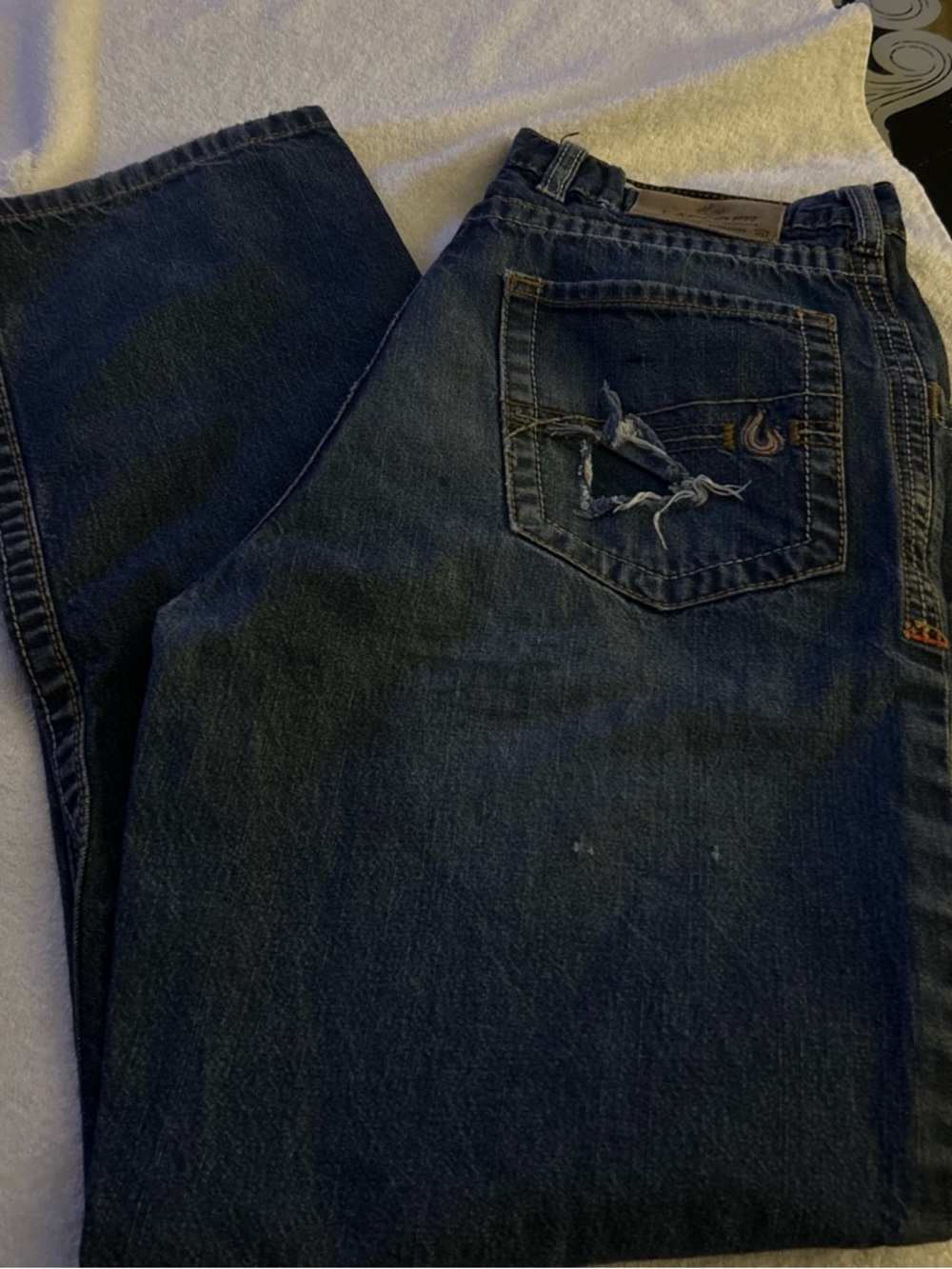Men's Straight Dark Blue Denim Jeans - Distressed Pocket Detail